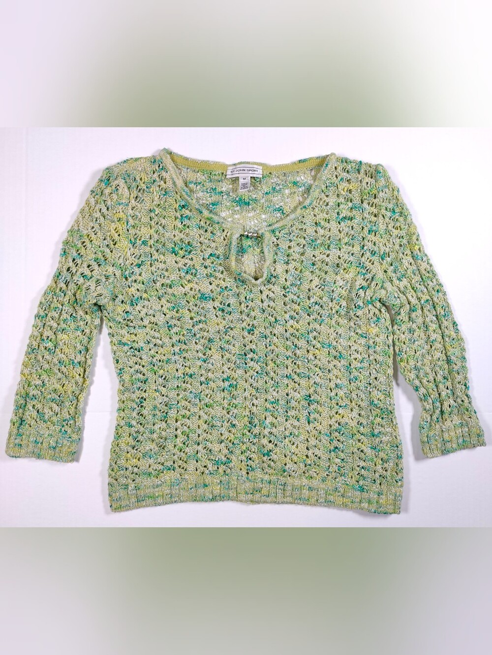 ST JOHN SPORT Green Wool Cotton Blend Open Knit Crochet 3/4 Sleeve Sweater Sz M